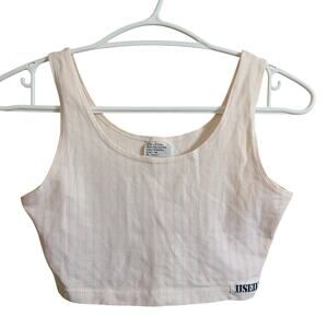 VTG 90s USED Brand Fitted Crop Baby Tank Top Womens M Pink White Stripe Retro
